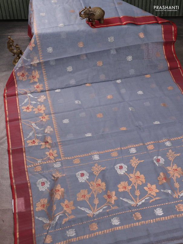 Pure zari kota silk saree grey and maroon with allover silver & zari woven buttas and rettapet zari woven border