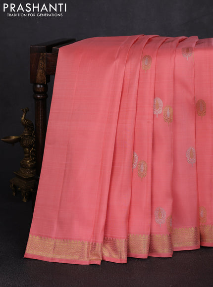 Pure kanchipuram silk saree peach orange with silver & zari woven buttas and temple design zari woven border