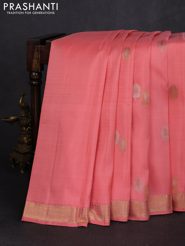 Pure kanchipuram silk saree peach orange with silver & zari woven buttas and temple design zari woven border