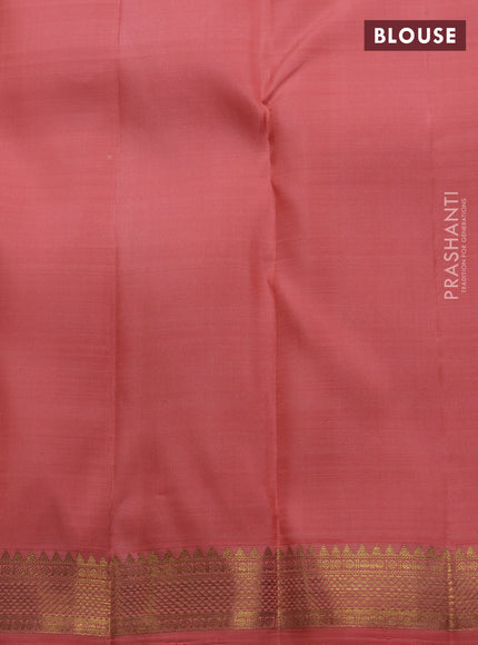 Pure kanchipuram silk saree peach orange with silver & zari woven buttas and temple design zari woven border
