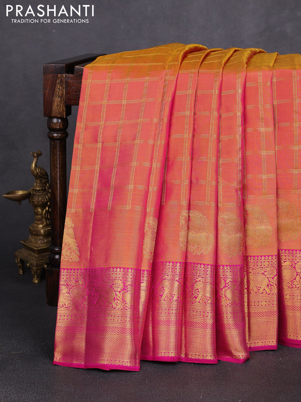 Pure kanchipuram silk saree sunset orange and pink with allover checked pattern and long zari woven border