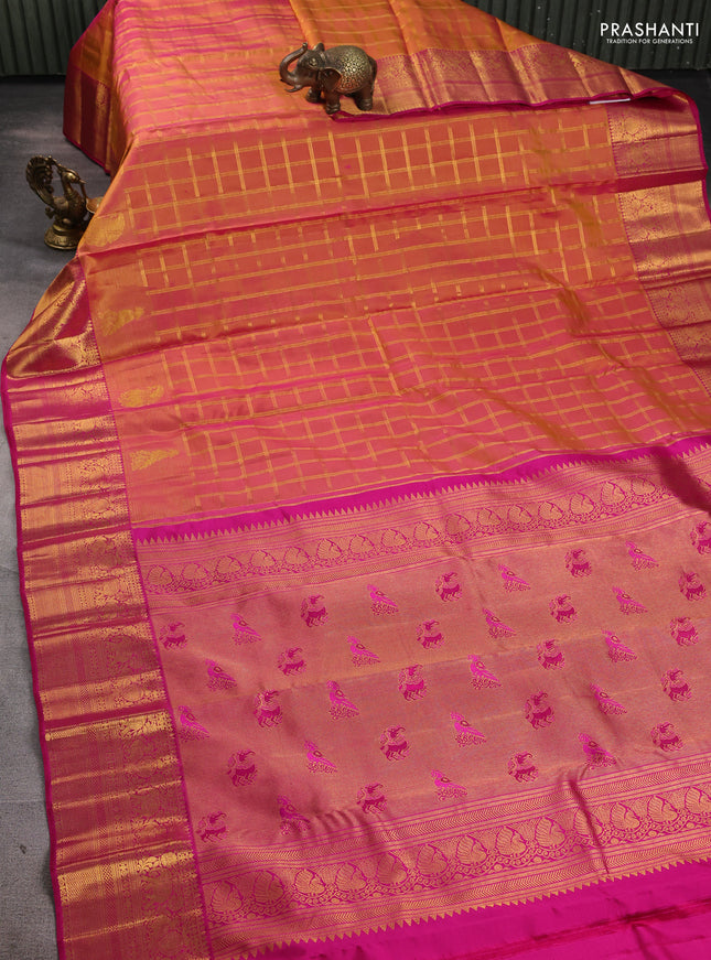 Pure kanchipuram silk saree sunset orange and pink with allover checked pattern and long zari woven border