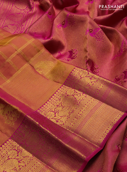 Pure kanchipuram silk saree sunset orange and pink with allover checked pattern and long zari woven border