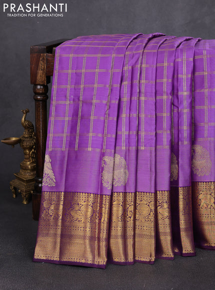 Pure kanchipuram silk saree lavender and violet with allover checked pattern and long zari woven border