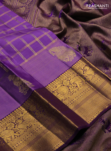 Pure kanchipuram silk saree lavender and violet with allover checked pattern and long zari woven border
