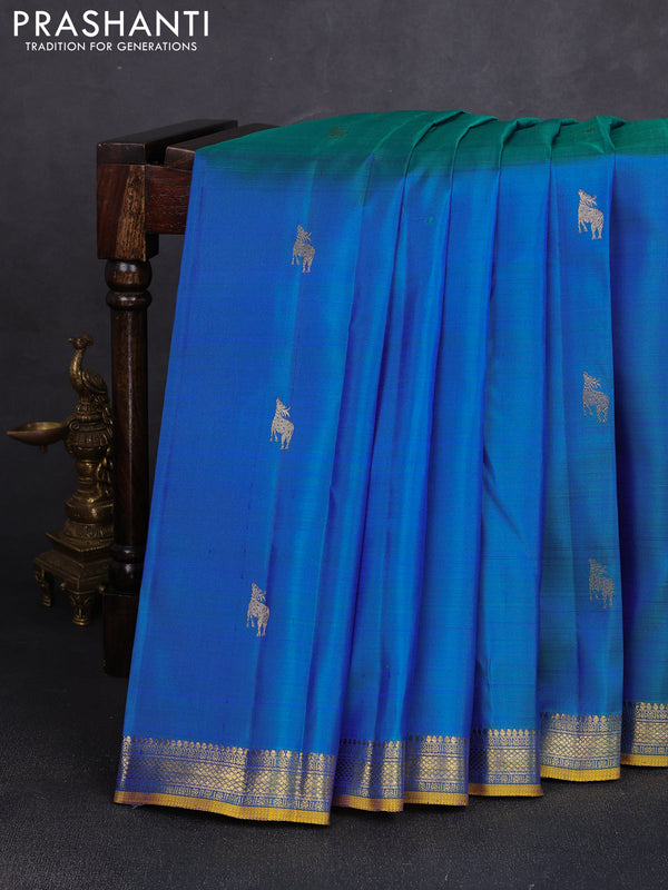 Pure kanchipuram silk saree dual shade of bluish green with zari woven buttas and small zari woven border
