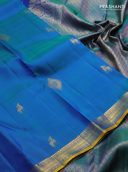 Pure kanchipuram silk saree dual shade of bluish green with zari woven buttas and small zari woven border