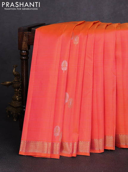 Pure kanchipuram silk saree dual shade of orange with zari woven buttas and small zari woven border