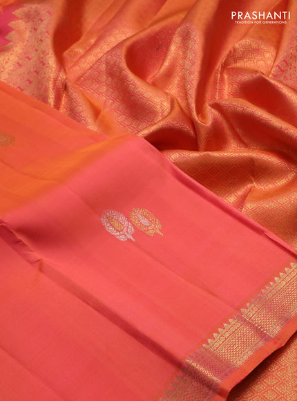 Pure kanchipuram silk saree dual shade of orange with zari woven buttas and small zari woven border