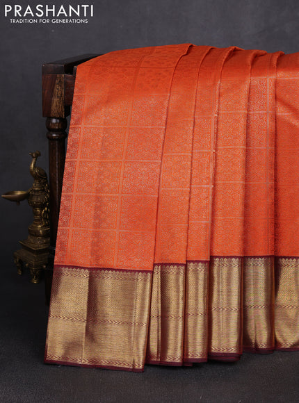 Pure kanchipuram silk saree orange and deep maroon with allover zari woven brocade weaves and rich zari woven korvai border