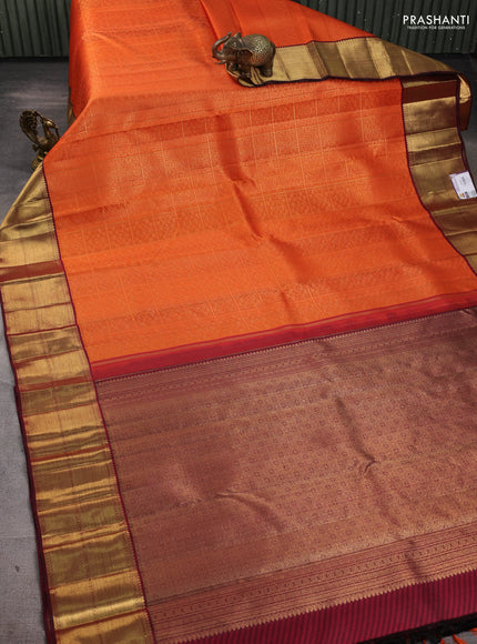 Pure kanchipuram silk saree orange and deep maroon with allover zari woven brocade weaves and rich zari woven korvai border
