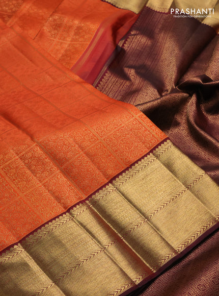 Pure kanchipuram silk saree orange and deep maroon with allover zari woven brocade weaves and rich zari woven korvai border