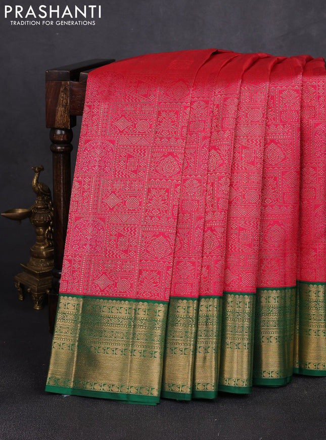 Pure kanchipuram silk saree tomato pink and green with allover zari woven brocade weaves and rich zari woven korvai border