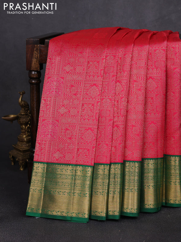 Pure kanchipuram silk saree tomato pink and green with allover zari woven brocade weaves and rich zari woven korvai border