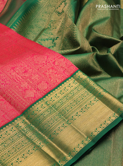 Pure kanchipuram silk saree tomato pink and green with allover zari woven brocade weaves and rich zari woven korvai border