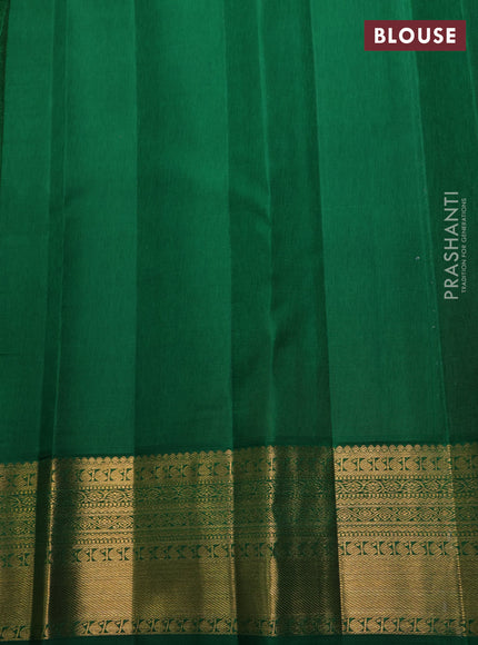 Pure kanchipuram silk saree tomato pink and green with allover zari woven brocade weaves and rich zari woven korvai border