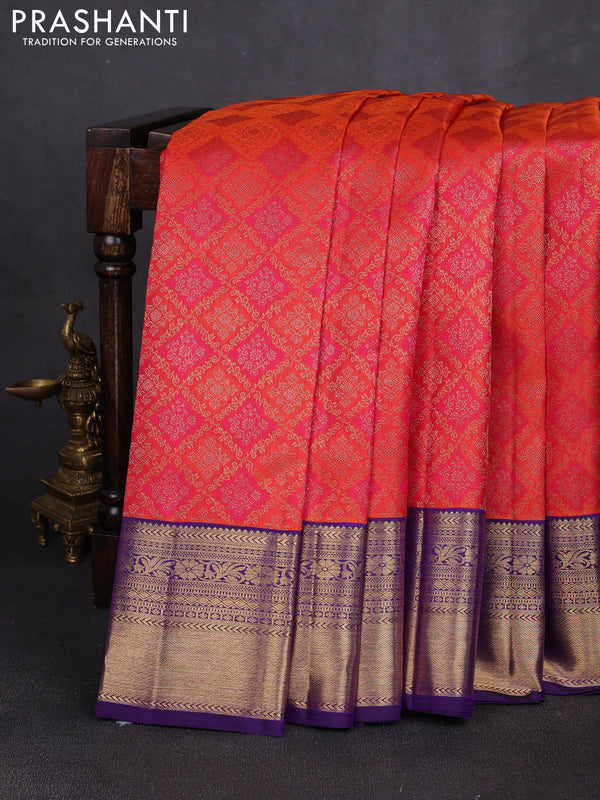 Pure kanchipuram silk saree orange and violet with allover zari woven brocade weaves and rich zari woven korvai border