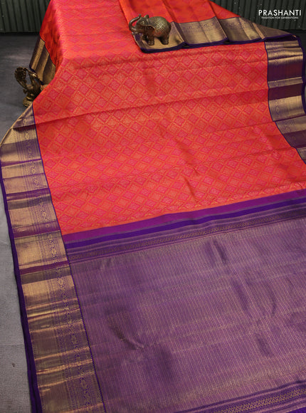 Pure kanchipuram silk saree orange and violet with allover zari woven brocade weaves and rich zari woven korvai border