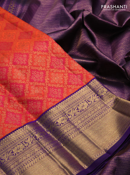 Pure kanchipuram silk saree orange and violet with allover zari woven brocade weaves and rich zari woven korvai border