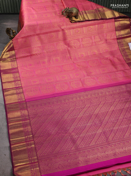 Pure kanchipuram silk saree peach pink and purple with allover zari woven brocade weaves and rich zari woven border