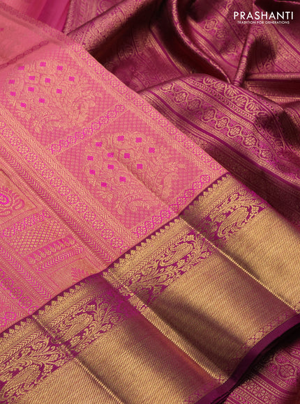 Pure kanchipuram silk saree peach pink and purple with allover zari woven brocade weaves and rich zari woven border