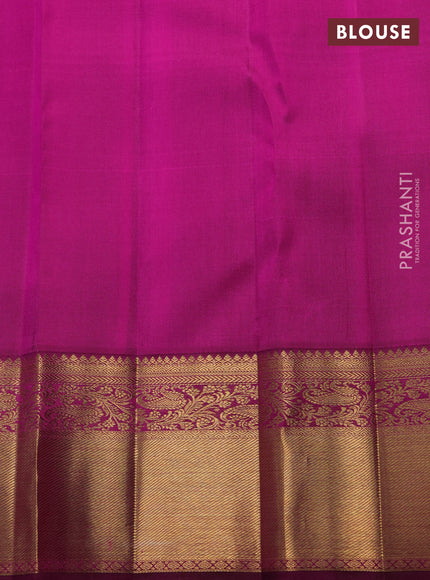 Pure kanchipuram silk saree peach pink and purple with allover zari woven brocade weaves and rich zari woven border