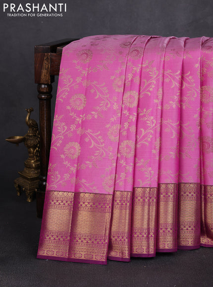 Pure kanchipuram silk saree light pink and purple with allover zari woven brocade weaves and rich zari woven border