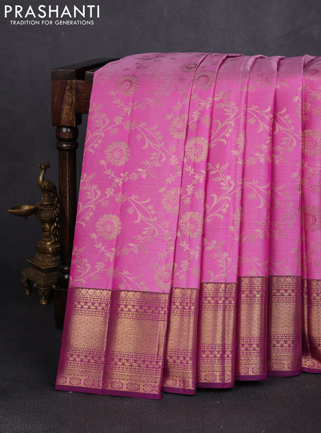 Pure kanchipuram silk saree light pink and purple with allover zari woven brocade weaves and rich zari woven border