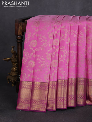 Pure kanchipuram silk saree light pink and purple with allover zari woven brocade weaves and rich zari woven border