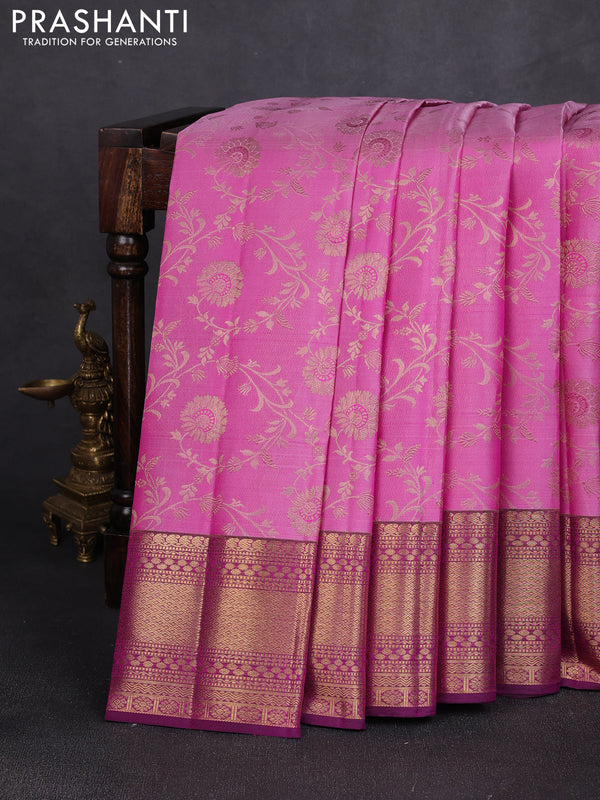 Pure kanchipuram silk saree light pink and purple with allover zari woven brocade weaves and rich zari woven border