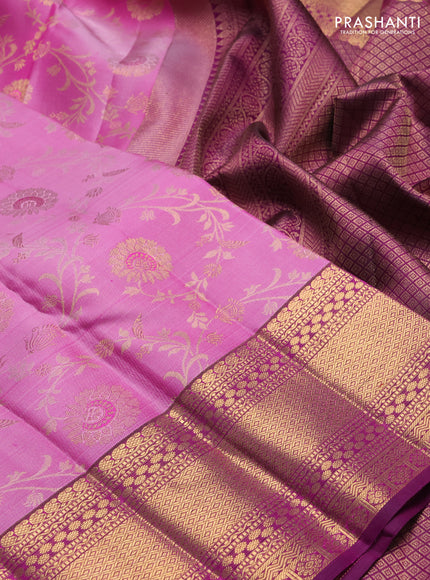 Pure kanchipuram silk saree light pink and purple with allover zari woven brocade weaves and rich zari woven border