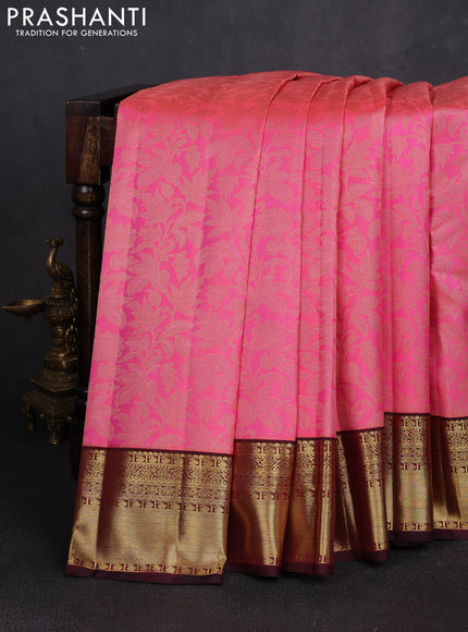Pure kanchipuram silk saree baby pink and maroon with allover zari woven brocade weaves and zari woven korvai border