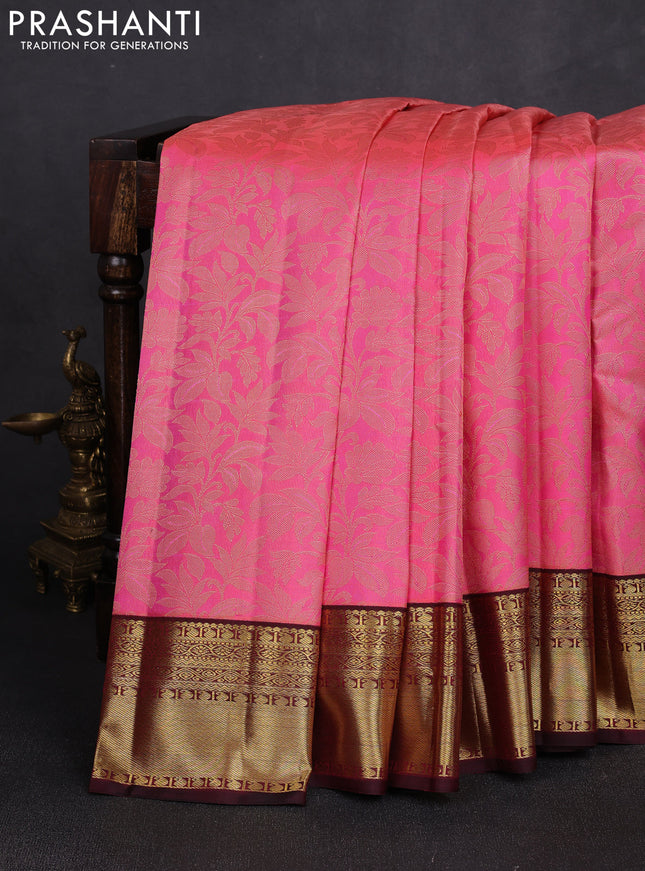 Pure kanchipuram silk saree baby pink and maroon with allover zari woven brocade weaves and zari woven korvai border