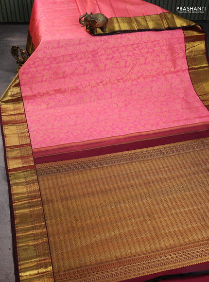 Pure kanchipuram silk saree baby pink and maroon with allover zari woven brocade weaves and zari woven korvai border