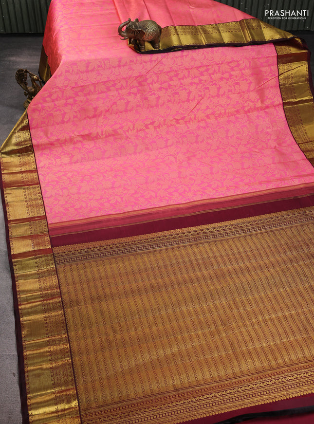 Pure kanchipuram silk saree baby pink and maroon with allover zari woven brocade weaves and zari woven korvai border
