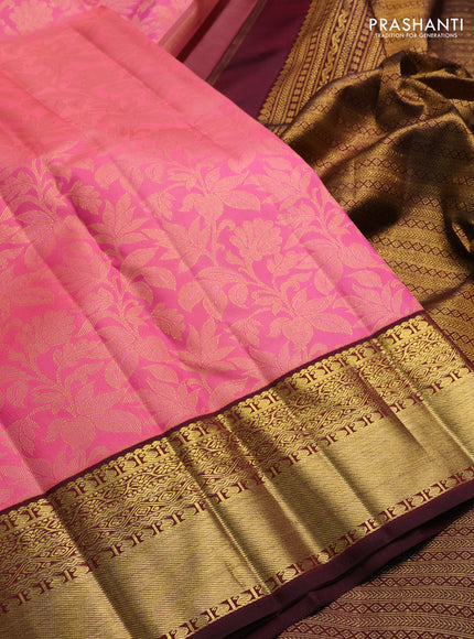 Pure kanchipuram silk saree baby pink and maroon with allover zari woven brocade weaves and zari woven korvai border