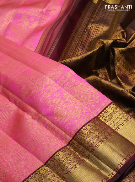 Pure kanchipuram silk saree baby pink and maroon with allover zari woven brocade weaves and zari woven korvai border