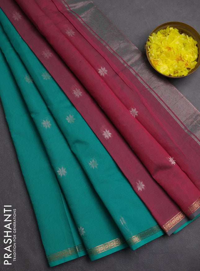 Semi maheswari cotton saree teal green and pink shade with zari woven buttas and small zari woven border