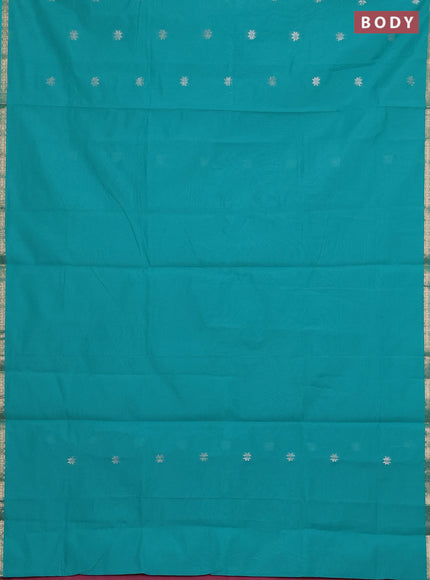 Semi maheswari cotton saree teal green and pink shade with zari woven buttas and small zari woven border