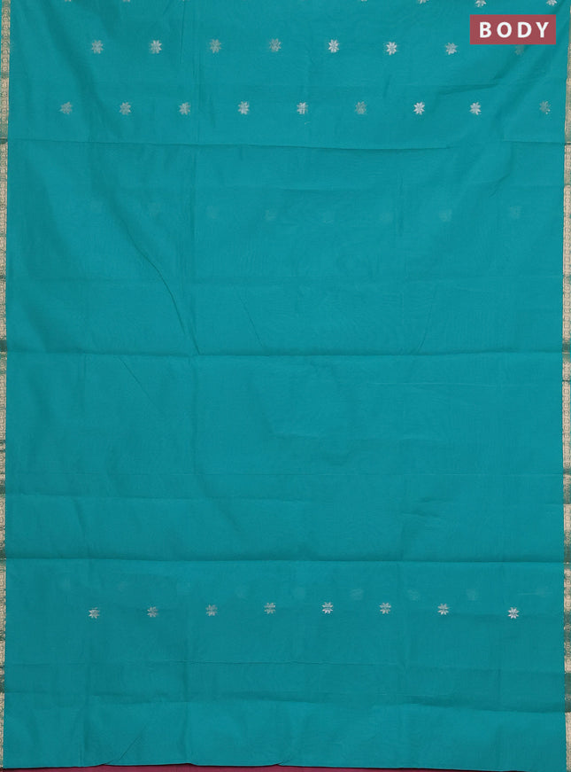 Semi maheswari cotton saree teal green and pink shade with zari woven buttas and small zari woven border