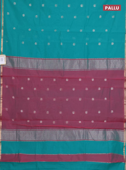 Semi maheswari cotton saree teal green and pink shade with zari woven buttas and small zari woven border