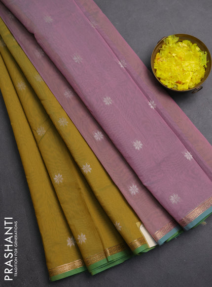Semi maheswari cotton saree mustard green and pink shade with zari woven buttas and small zari woven border