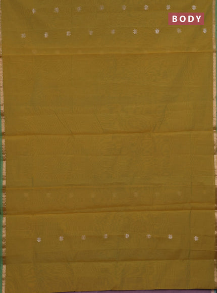 Semi maheswari cotton saree mustard green and pink shade with zari woven buttas and small zari woven border