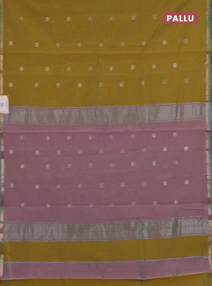 Semi maheswari cotton saree mustard green and pink shade with zari woven buttas and small zari woven border