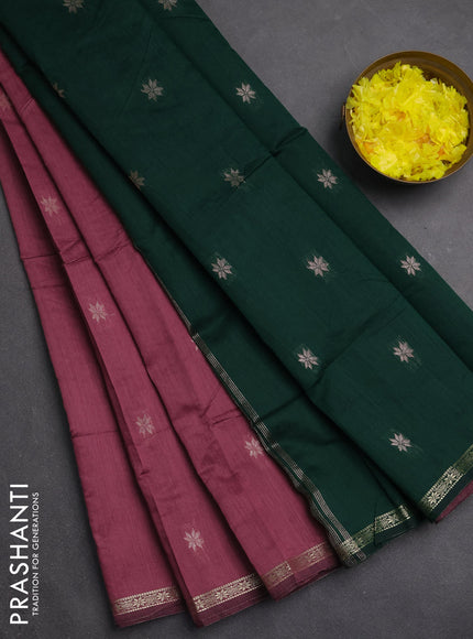Semi maheswari cotton saree onion pink and bottle green with zari woven buttas and small zari woven border
