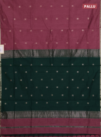 Semi maheswari cotton saree onion pink and bottle green with zari woven buttas and small zari woven border
