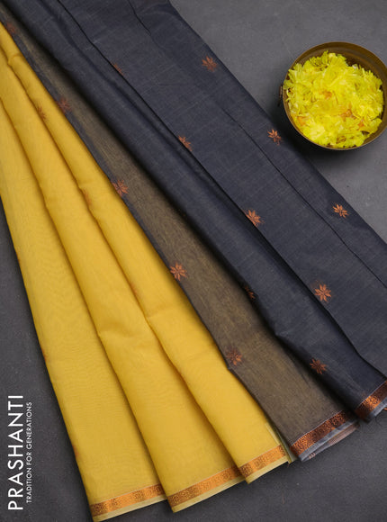 Semi maheswari cotton saree pale yellow and grey with zari woven buttas and small zari woven border