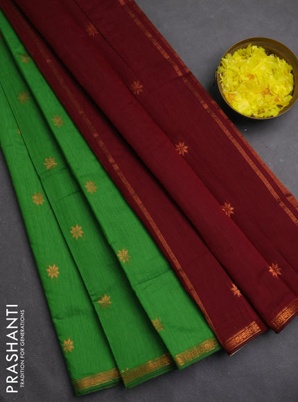 Semi maheswari cotton saree green and maroon with copper zari woven buttas and small copper zari woven border