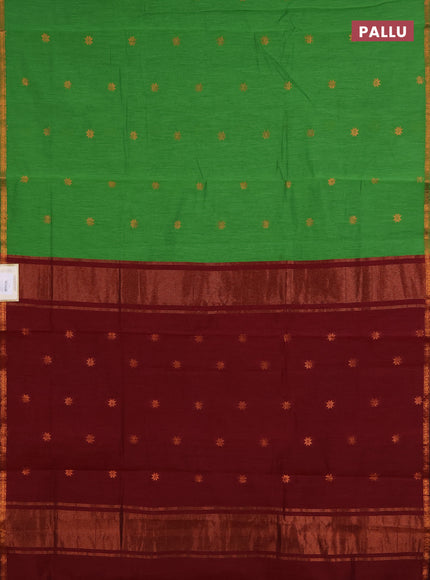 Semi maheswari cotton saree green and maroon with copper zari woven buttas and small copper zari woven border