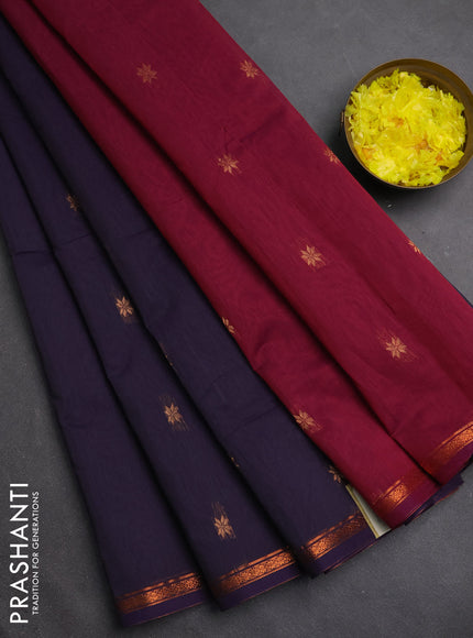 Semi maheswari cotton saree magenta pink and violet with copper zari woven buttas and small copper zari woven border